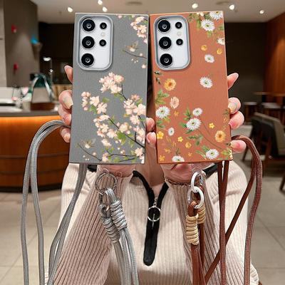 Floral Print Matte Leather Texture Slim Case For Samsung S25 Ultra S24 FE S23 A16 A56 A55 A36 A26 A15 A35 Soft TPU Shockproof Lanyard Phone Cover