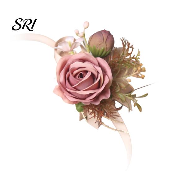 European Forest Style Corsage Rose Bud Wedding Flower Set, Wrist for Bride Bridesmaid Light & Boutonniere Groom Groomsman, Artificial Silk Floral