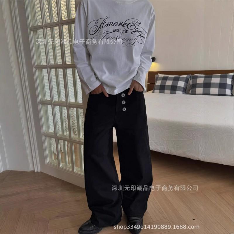 American Style Simple Street Loose Wide Leg Jeans Patch Button Design Casual Daily Wear