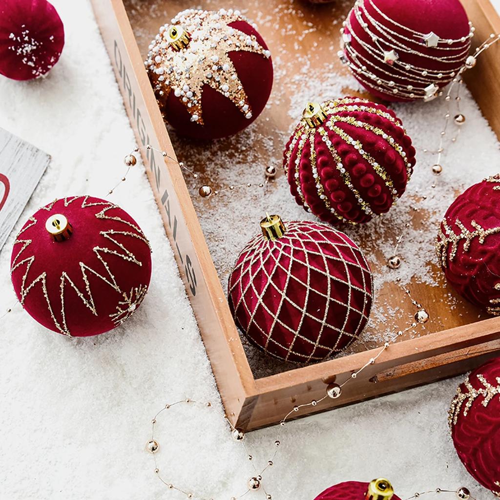 4 Red Painted Velvet Christmas Ball Ornaments Christmas Tree Baubles Christmas Decorations Home Party Decorations