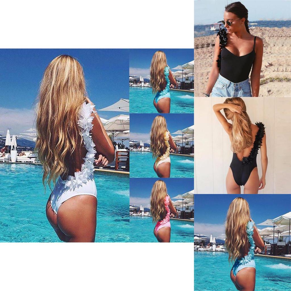Prémiová kvalita Letní Sexy Dámský V-výstřih Sametové Růžové Lístky Bez Zad Bikini Bodysuit Pro Bezstarostný Styl