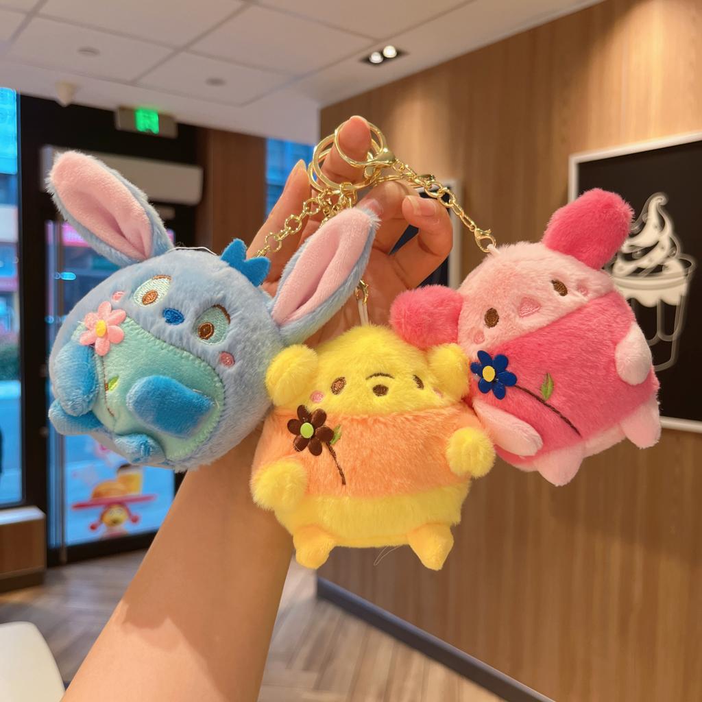 Disney Cute Cartoon Stitch Winnie the Pooh Piglet Bunny Ear Soft Plush Keychain Disney Character Fluffy Key Ring Bag Decoration Gift