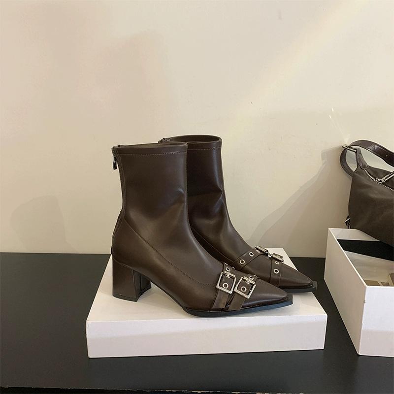 

Pointed Heel Skinny Boots Short Boots Women s Spring Retro High Heel Leather Boots White Martin Boots Single Boots 40 темно-коричневого