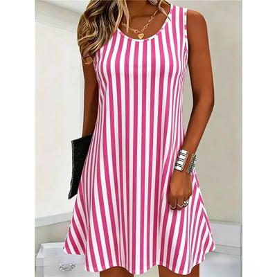 Summer Women's Round-neck Sleeveless Dress Creative Stripes Pattern 3D Plus Size Vacation Dress Fashionable Comfortable Soft Breathable Mini Dress
