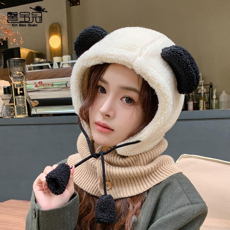 Autumn and winter cute bear hat female thermal ear protector plush hat knitted wool shawl pullover hat