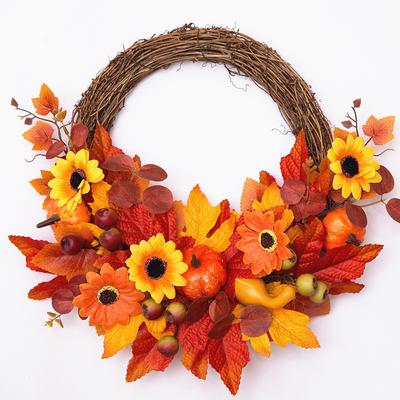 Herbstfarben Girlande Simulation Sonnenblume Kürbis Beere Türhänger Erntefest Rattan Kreis Thanksgiving Kranz