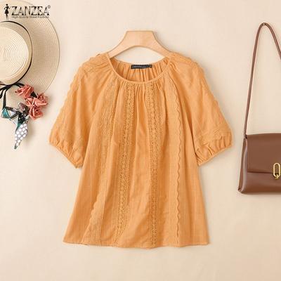 Summer Women Round Neck Short Sleeve Lace Crochet Casual Blouse