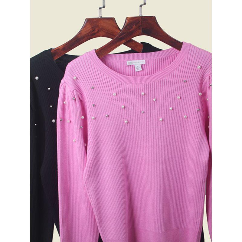 Fresh Sweet Fashion Temperament Pearl Decoration Knit sweater Women Foreign Trade Rib Japan fashion Light Luxury Bottoming Shirt