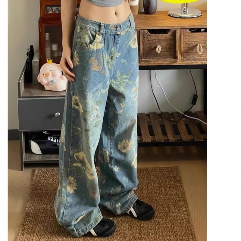 Slimming Floral Print Wide Leg Denim Pants Women Men Loose Fit 2025 Casual Trousers With Washed Effect