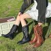 Brown Retro Western Cowboy Boots Women's 2025 New Hollow Mid Boots Embroidered Knight Boots Thick Heel Martin Boots