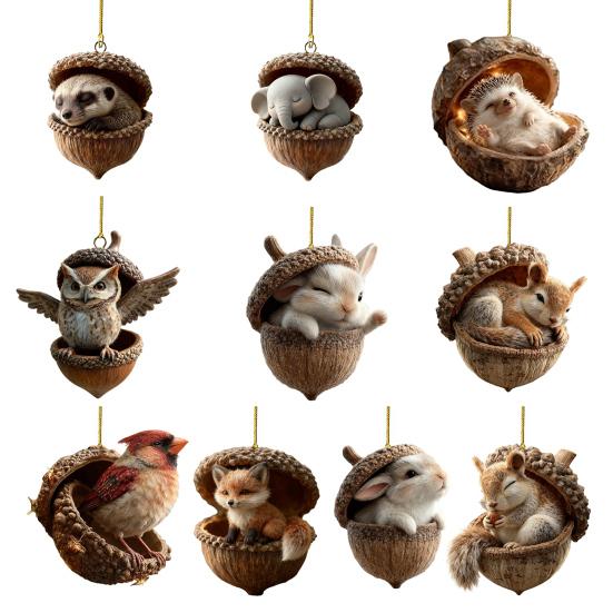Ornements Gland Animaux de la Forêt 2D Plat Acrylique Pomme de Pin Animal Décorations d'Arbre de Noël Créature des Bois Décoration à Suspendre pour Arbre de Noël Décor de Fête