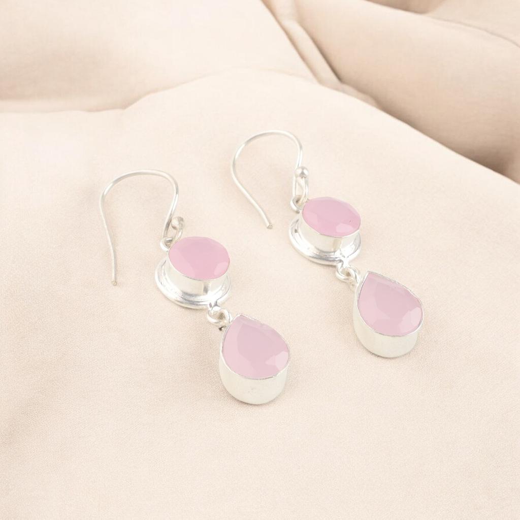 Rosenchalcedon Edelstein 925 Sterlingsilber Handgefertigter Schmuck Hakenohrringe EE-142-15