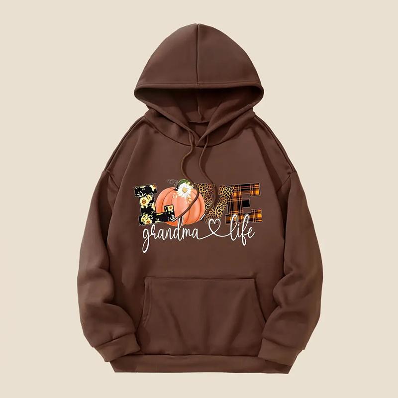 Ladies Spring Autumn Casual Hooded Long Sleeve Big Pocket Halloween LOVE Pumpkin Printed Pullover Hoodies Sweatshirt Top