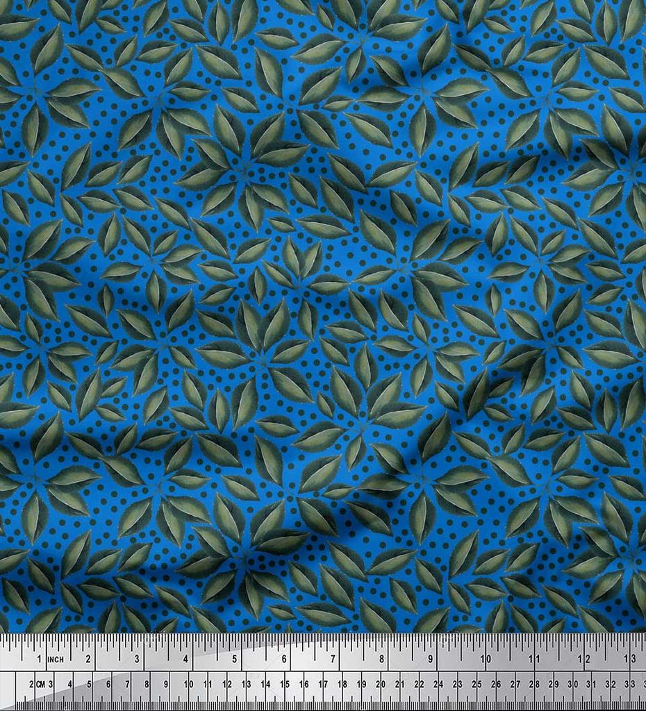 Soimoi Blue Poly Crepe Fabric Dots & Beach Leaves Decor Fabric Printed metre 42 Inch