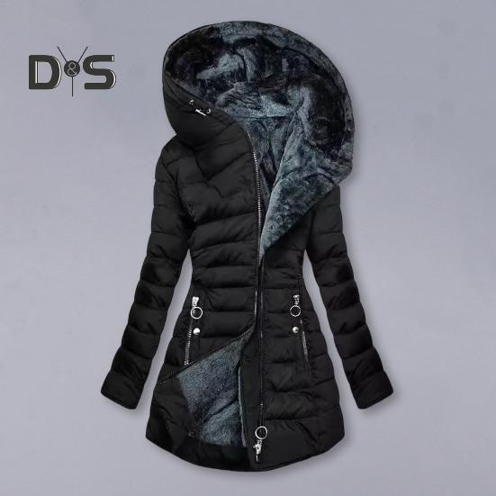 Giacca invernale da donna imbottita taglie forti con fodera in peluche, chiusura con cerniera imbottita, lunghezza media, con cappuccio, tinta unita, caldo, antivento