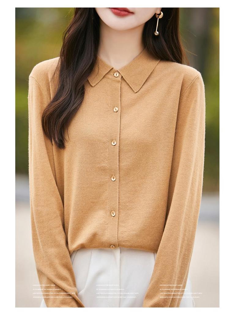 Women's Merino Wool Polo Collar Knit Cardigan - Age-Reducing Thin Sweater Coat