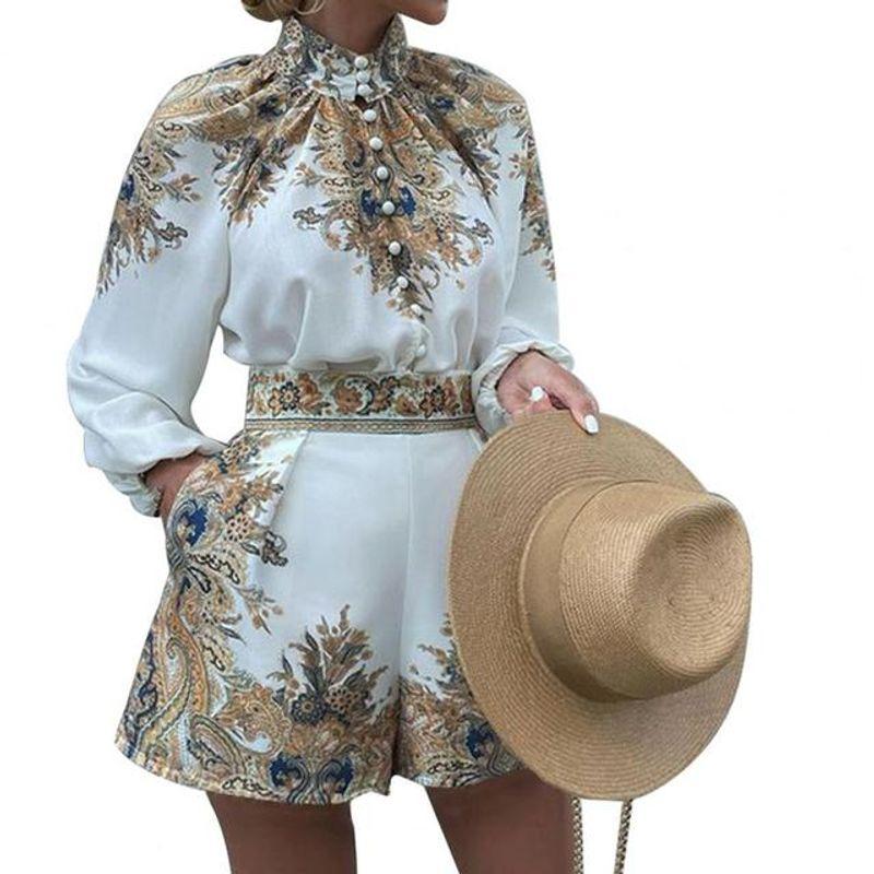 

Two Piece Long Sleeve Shirt and Shorts Suit Tops Shorts Two-piece Set WHITE XL