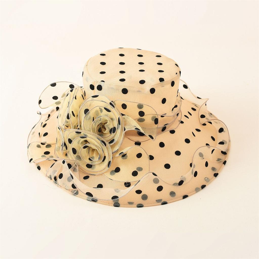 Dames Elegante Stippen Brede Rand Strand Zon Hoed Jurk Kerk Bruiloft Thee Feest Organza Hoeden