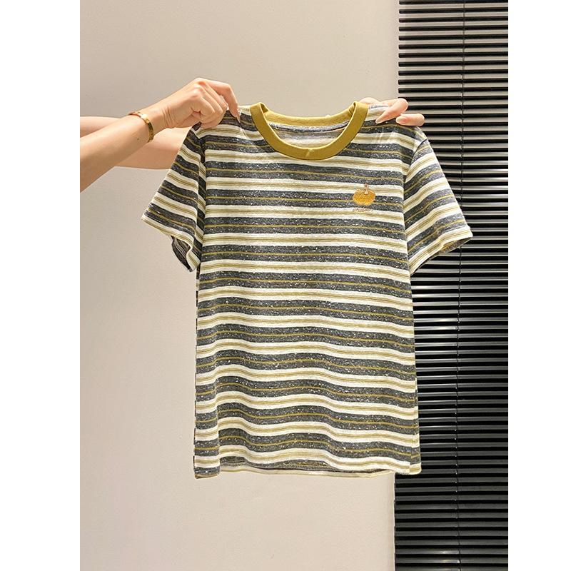 American retro contrasting color T-shirt women s striped short-sleeved summer front shoulder undershirt temperament age-reducing top S