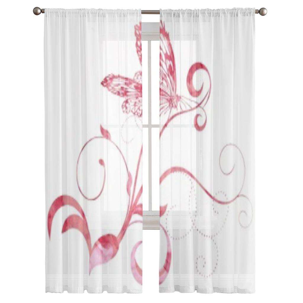 Red Pink Butterfly Curves Watercolor Chiffon Sheer Curtains for Living Room Bedroom Window Curtain Voiles Tulle Cortinas