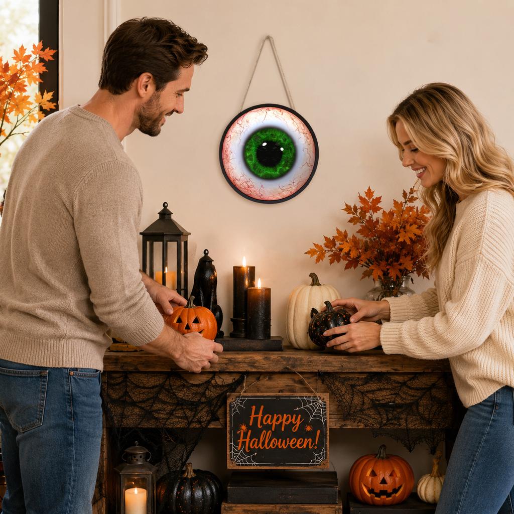 Halloween LED Light Up Eye Hanging Decorations (2 Pack) - Glowing Eye Badges for Costume Parties, No Batteries Included