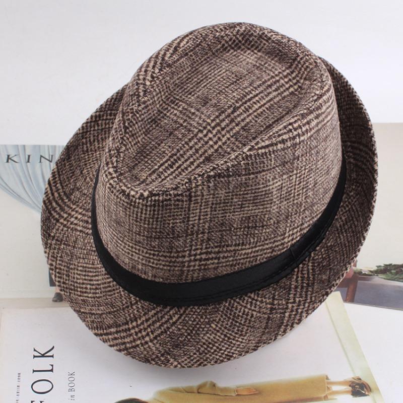 Autumn and winter men's top hat, Frannie plaid fabric warm middle-aged and elderly jazz hat casual top hat men's hat