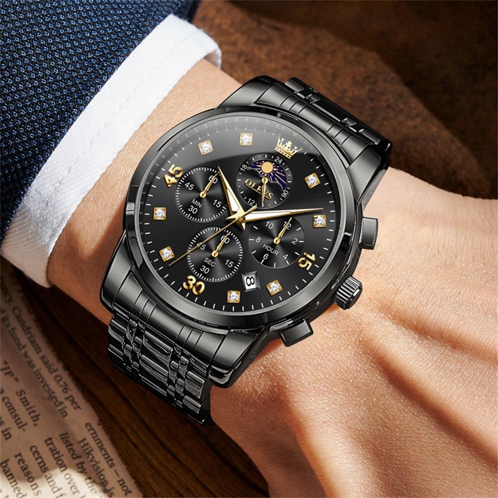 

Men Watches Luxury Gold Fashion Watch for Man Moon Phase Date Chronograph Original Waterproof Quartz Wristwatch чорний