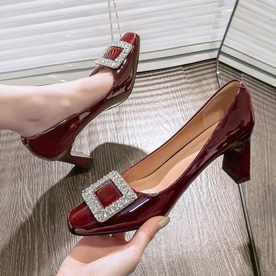 High Heels Women's Thick Heels Are Not Tired, Red Wedding Shoes 2025 New Rhinestone Square Buckle French Square Head Shallow Mouth Single Shoes