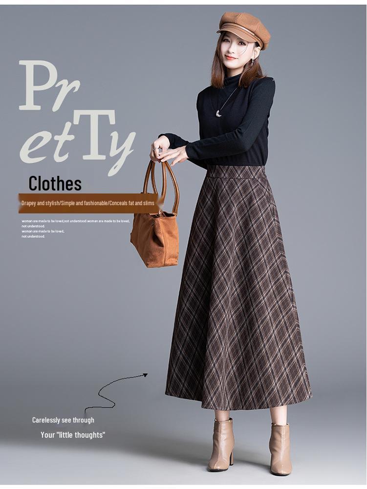 Chic High-Waisted Plaid A-Line Skirt - 2025 Autumn/Winter, Long Length, Women's Cozy Fashion