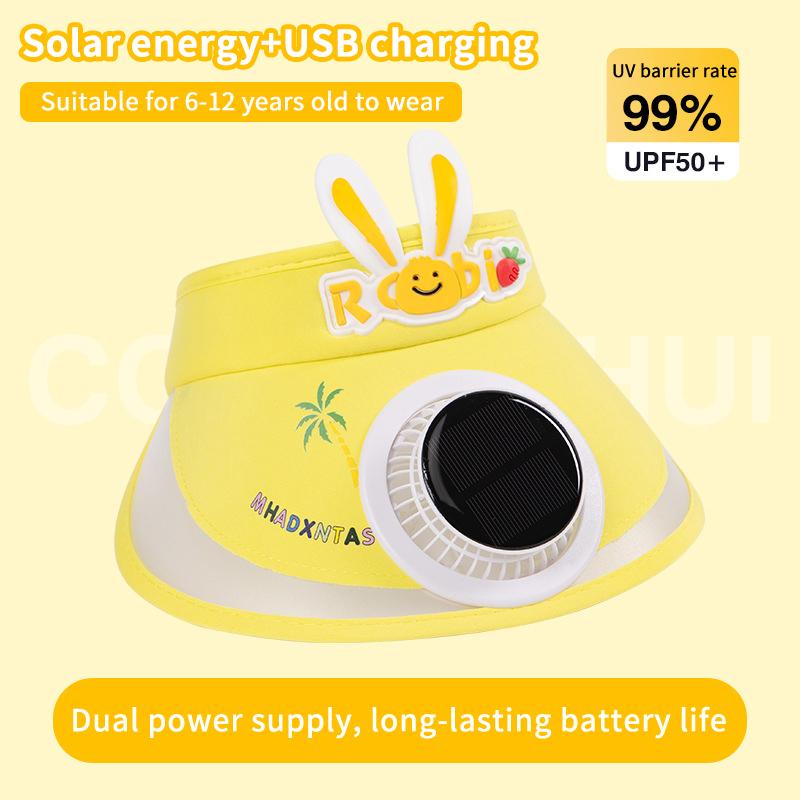 Cute Rabbit Kids Cooling Sun Visor Hat Solar Powered Fan UPF50 UV Protection for Beach Trip