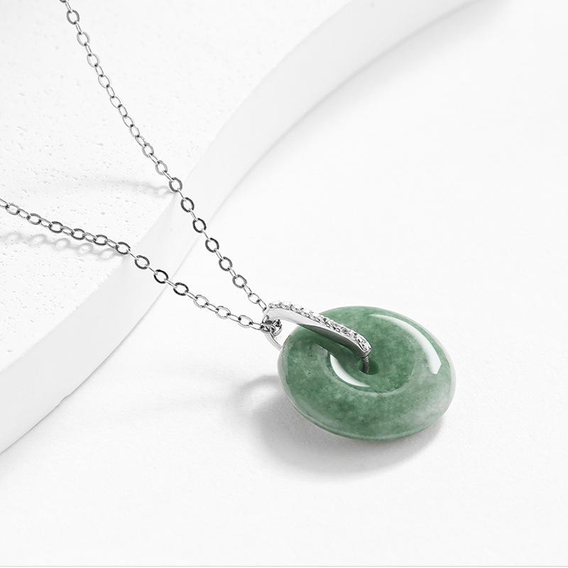 A-Grade Natural Jade Bean Green Ping'an Buckle Pendant with S925 Silver Necklace for Women.