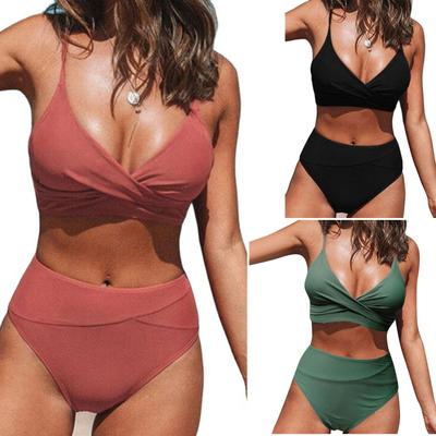 Women's Two Piece Bikini Swimsuit High Waist Bottoms and Wrap Style Top Adjustable Straps Beachwear Swimwear
