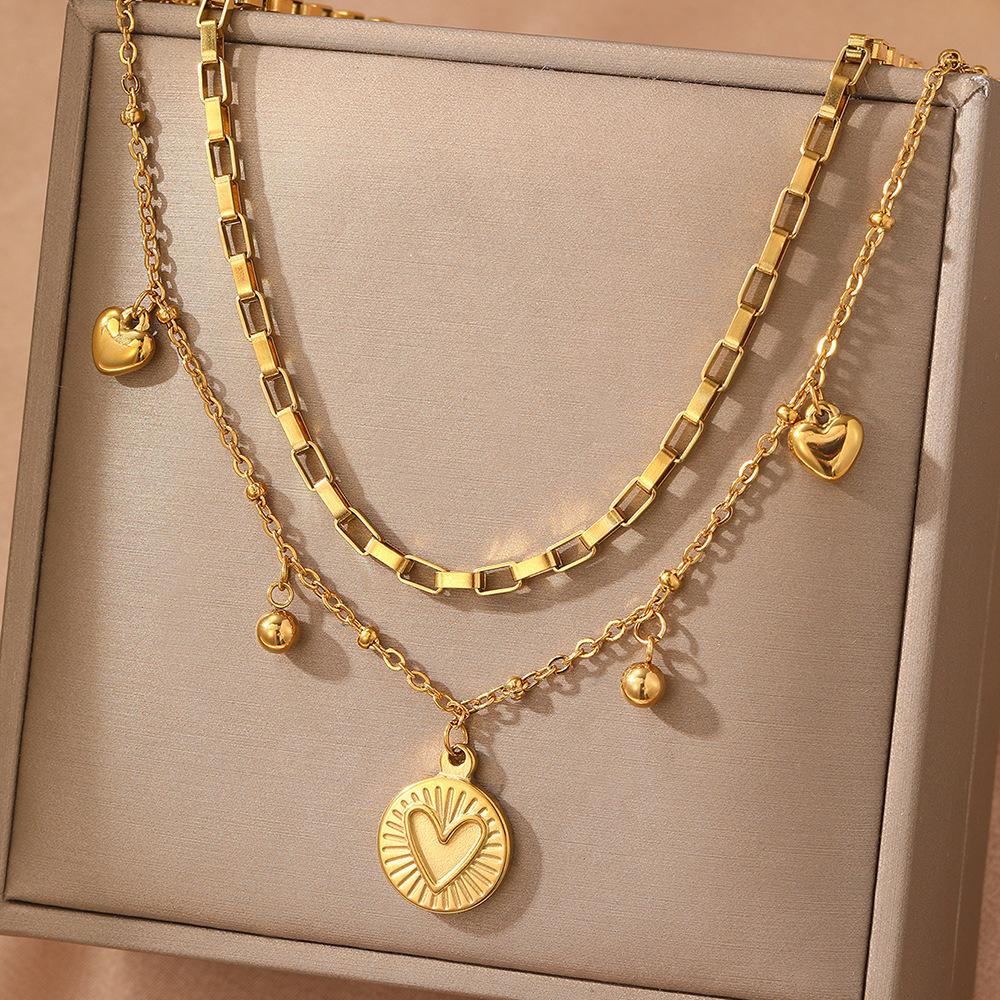 Нержавеющая сталь Ожерелье Роскошное Изысканное Персиковое Сердце Двухслойная Костяная Цепь Женские Украшения Подарок на День Рождения Юбилей