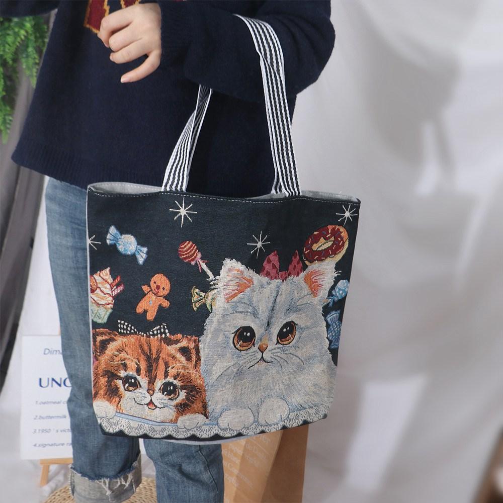 Embroidery Cute Cat Cloth Bag Canvas Animal Shoulder Bag Ethnic Style Handbag  Grocery Handbags