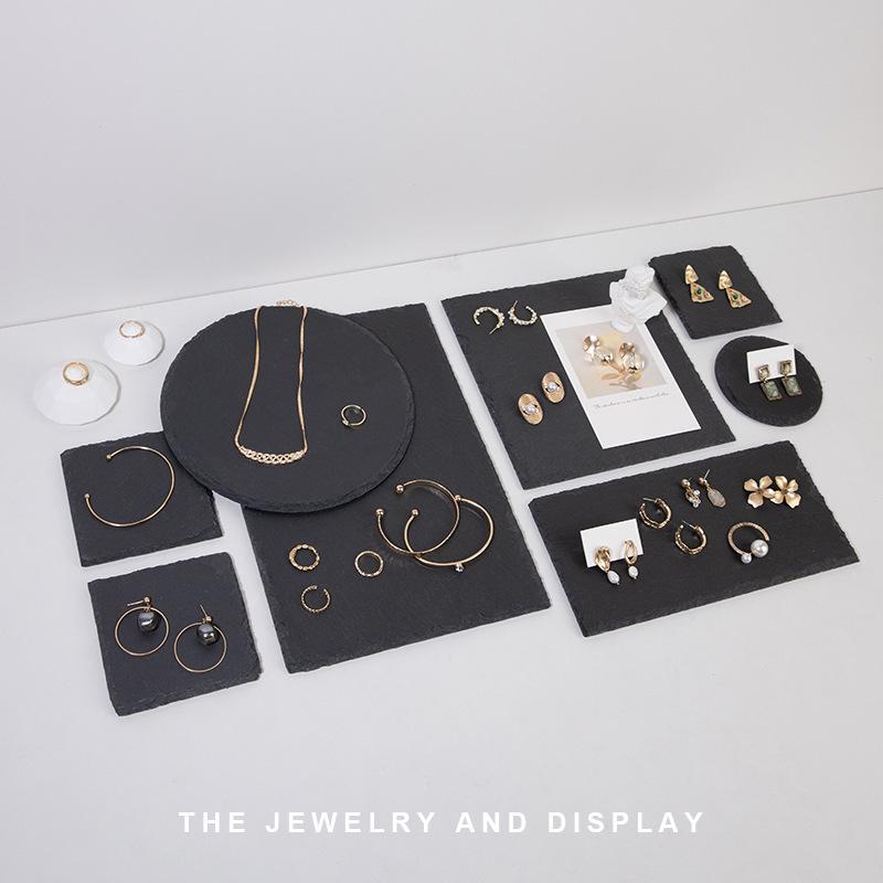 Small Black Natural Stone Jewelry Tray: Creative Background Ornament for Photography