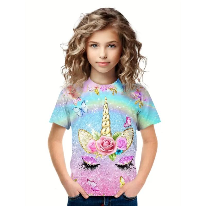 

2025 Повседневные футболки Одежда для девочек Новые забавные футболки с изображением лошадей и животных 3D-принта для девочек Модные вечерние топы с короткими рукавами Футболка 160