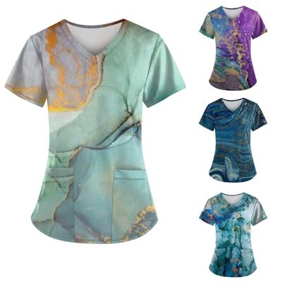 Damesmode lente en zomer olieverfschilderij print V-hals werkkleding met korte mouwen en zakken Tops