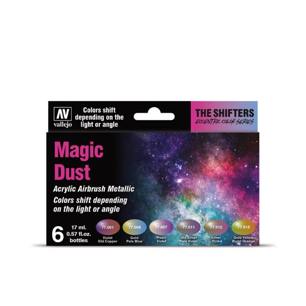 

Vallejo The Shifters Magic Dust Set of 6 Metallic Acrylic Airbrush Colors Ideal for Painting Fantasy Figures and Wargames 6 x 17ml fl Bottles -