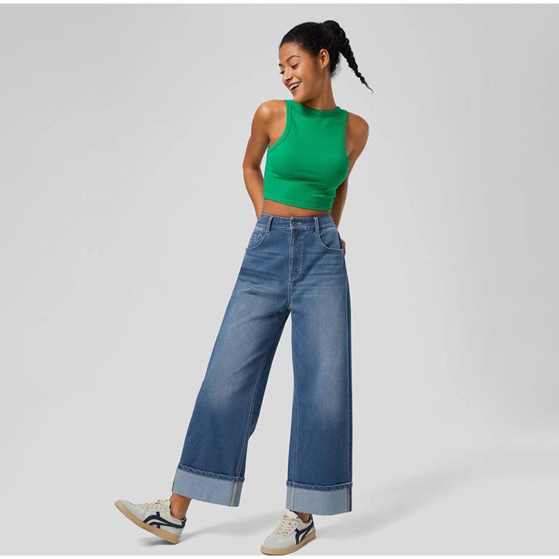 Fashionable High Waist Straight Leg Jeans Women's Solid Color Casual Wide Leg Pants Cuffed Loose Fit Denim Trousers 2025 Spring Autumn