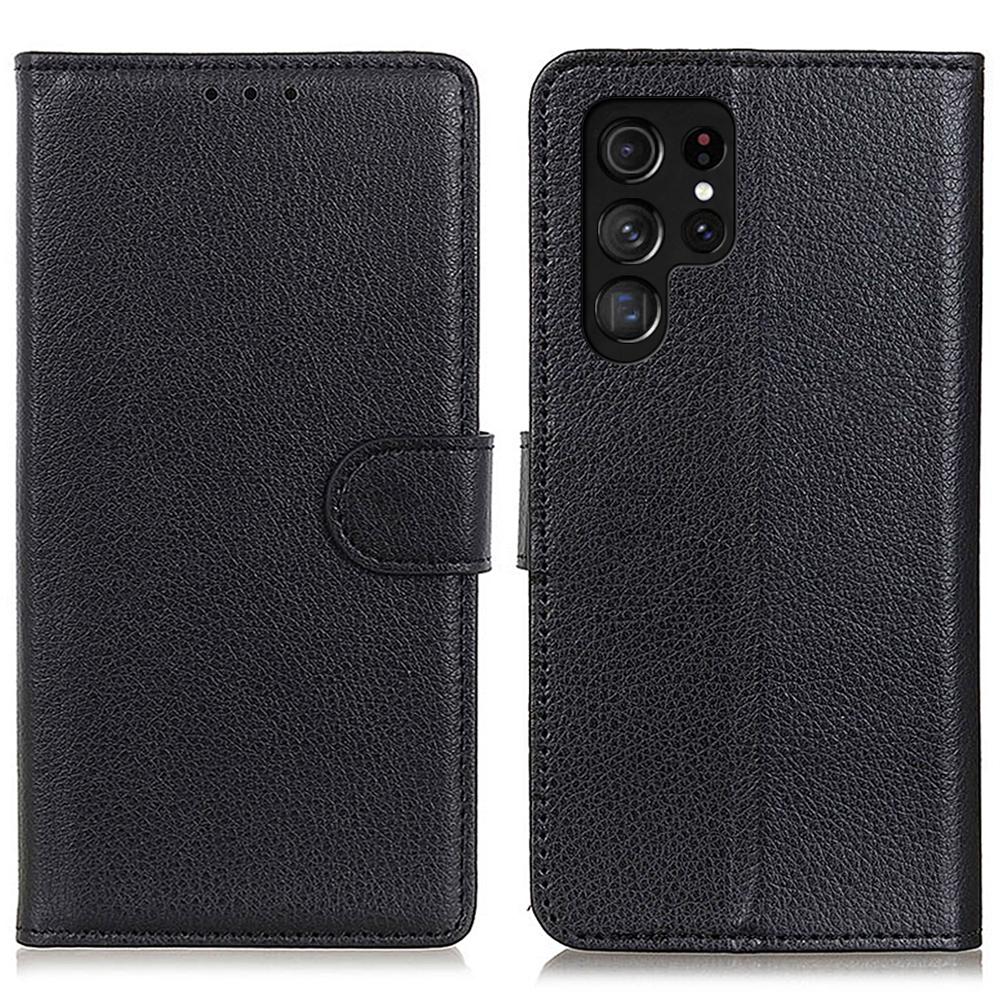 

For Samsung Galaxy S24 Ultra Case Litchi Texture Leather Phone Stand Cover Wallet Black