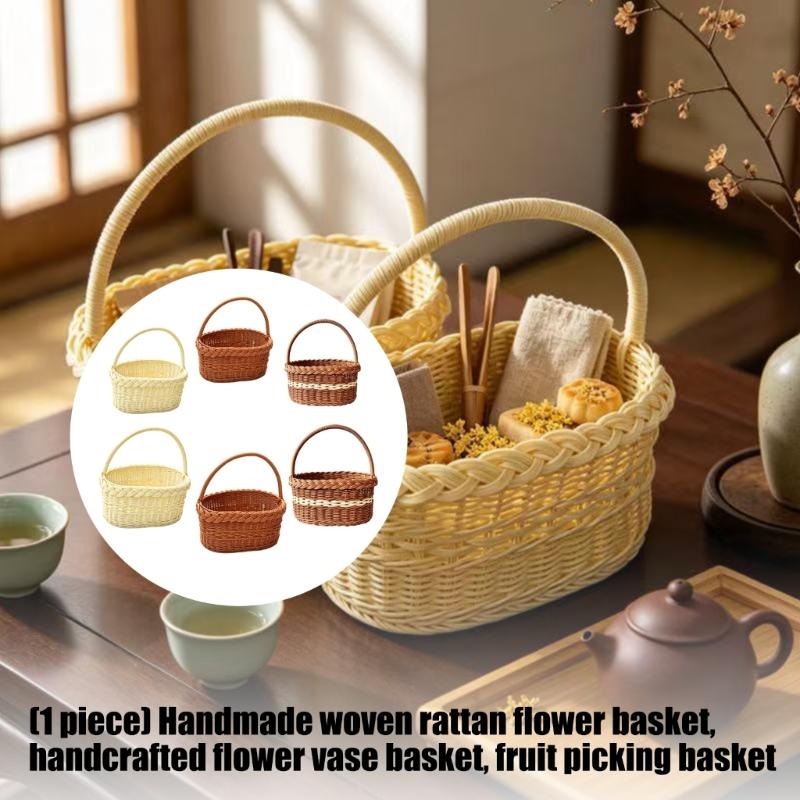 Faux Wicker Basket with Handle, Plastic Fruit Display Basket for Countertop Display, Home Storage, and Carry Use