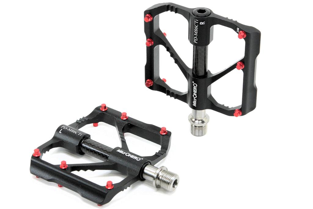 MicrOHERO Ultra Light Titanium Alloy Shaft 3 Sealed Bearing Compact Pedals Carbon Road Bike Flat Pedals Bike/Mountain Black/Red (PD-M86CTi 220g)
