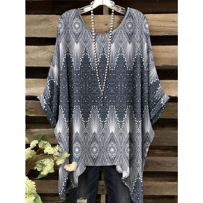 Women T-Shirts Bohemian Vacation Simple Pattern Print Tops Irregular Hemp Round Neck Fashion Versatile Short Sleeve Y2k Clothes