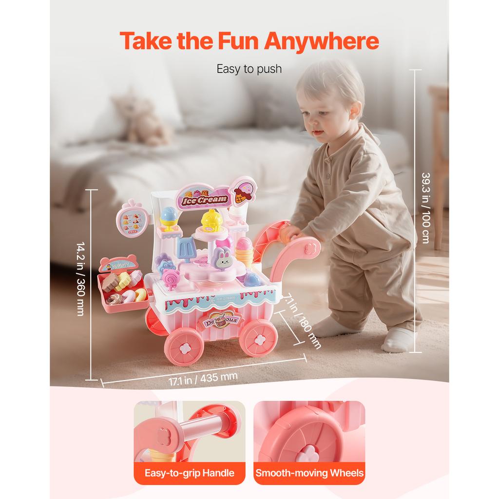 SucceBuy Pink Kids Ice Cream Cart Pretend Play Store Dolly with Sound & Light Effect Montessori Educational Toys for Children