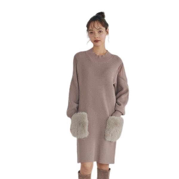 Jill by Jill Stuart Casual Dress, Faux Fur Pocket Knit Dress, Web-Exclusive Color: Black, Beige