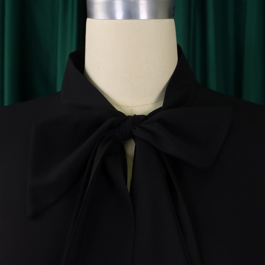 Elegant Office Dresses Women Bow Collar Ruffles Sleeve Straight Mid Calf Fashion Formal Female Business Work Wear Dress Midi Hot