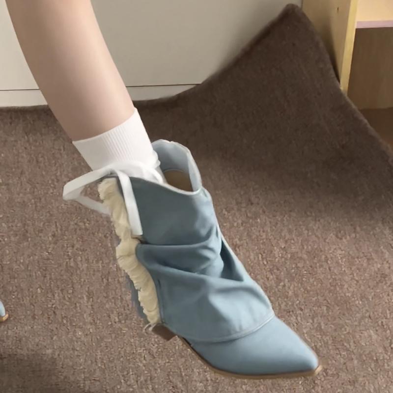 Denim Women Western Cowboy Boots Fashion Thick Heel Trouser Legs Ankle Booties Autumn Winter De Mujer