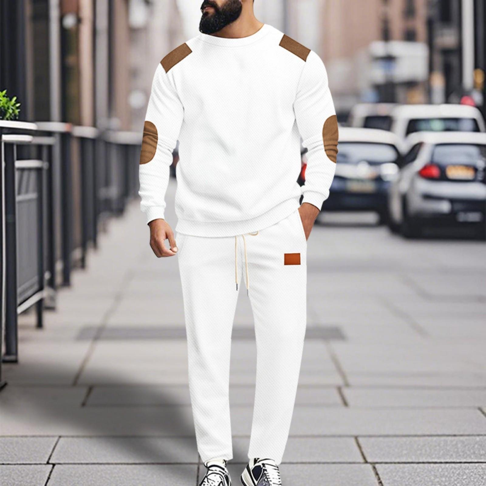 

Men s Casual Athletic Set - Colorblock Contrast Long-Sleeve Elastic Waist Drawstring Loose-Fit Pants Two-Piece Comfortable Tracksuit L білий