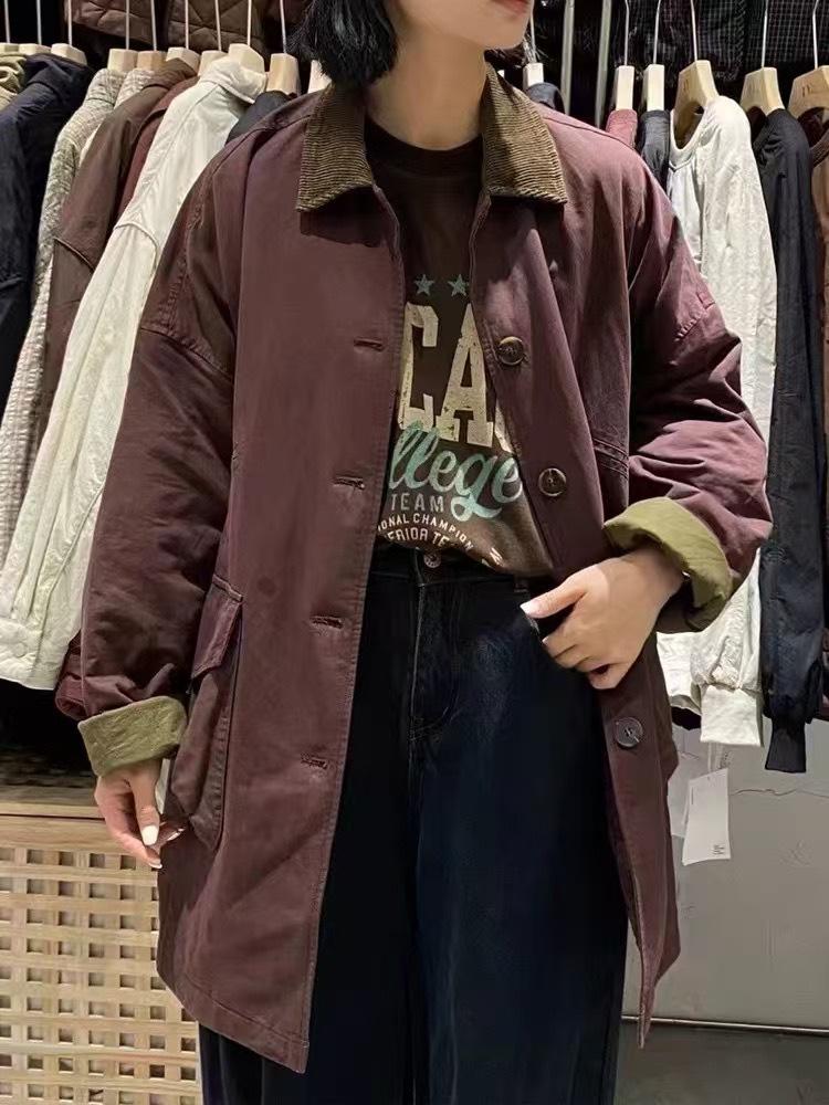 

Casual contrasting color lapel big pocket cotton-padded coat 2025 autumn and winter medium and long cotton-padded jacket L