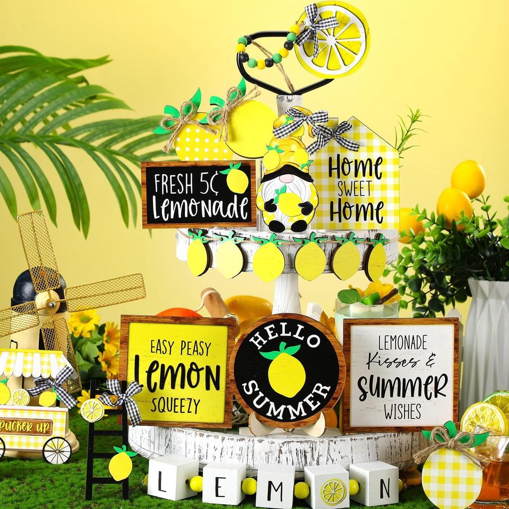 Summer Lemon Tiered Tray Decor Set Wood Sign Rustic Summer Home Table Decor